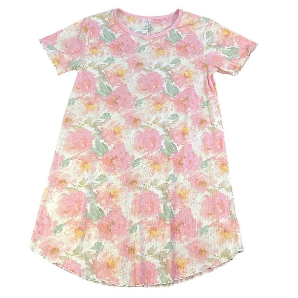 Flora Nikrooz Fine Ribbed Pink Floral‎ Scoop Neck Nightgown Sleep Shirt Small